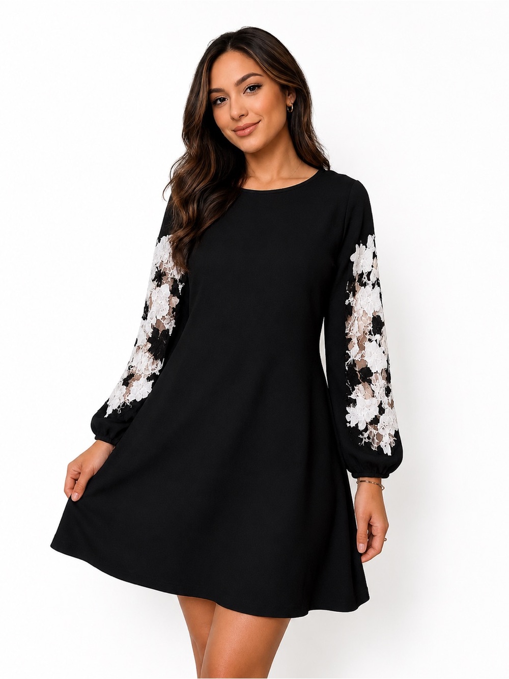 270. Spense Black Long Sleeve Statement Dress White Lace Embroidery Medium